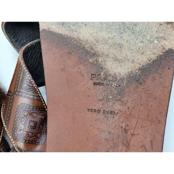 Prada - Cross Strap Leather Slingback Sandal Slide Low Heel Brown Size 40 - Picture 10 of 12